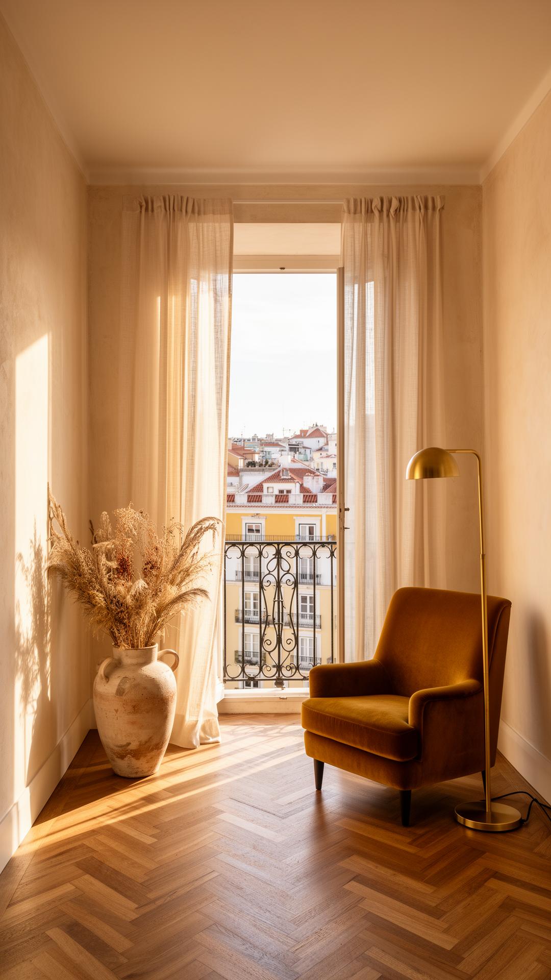 A sun-drenched Lisbon apartment with restored herringbone floors, a velvet armchair and dried botanicals — a Rooted Lisboa interior.